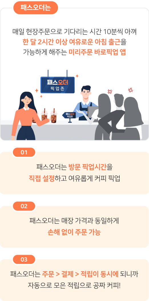 패스오더는 미리 주문 바로 픽업, 방문 픽업시간 직접 설정, 주문과 결제, 적립이 동시에